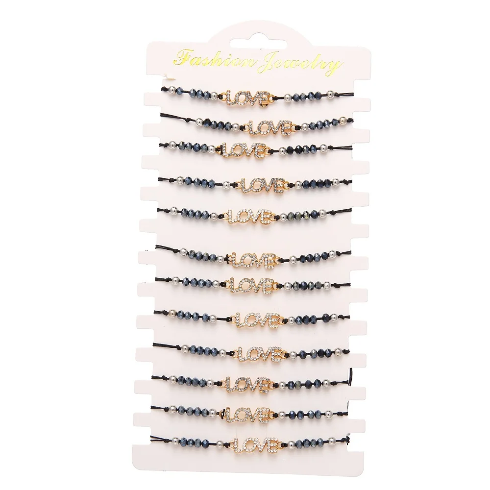 

12 Pcs/Sets 2021 Fashion Letter Love Crystal Alloy Bracelet Charm Multilayer Cuffs Adjustable String Bracelet for Women Pulseras