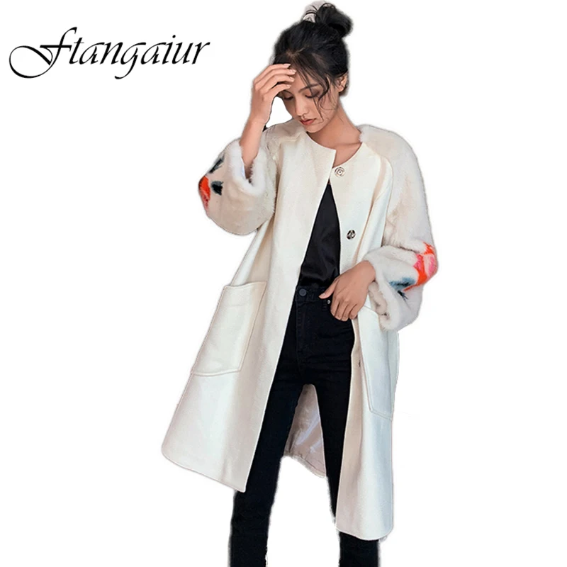 

Ftangaiur 2019 Winter Import Velvet Mink Fur Coats Print Flower Wool double-sided Natural Fur Coat Women's Real Mink Fur Coats