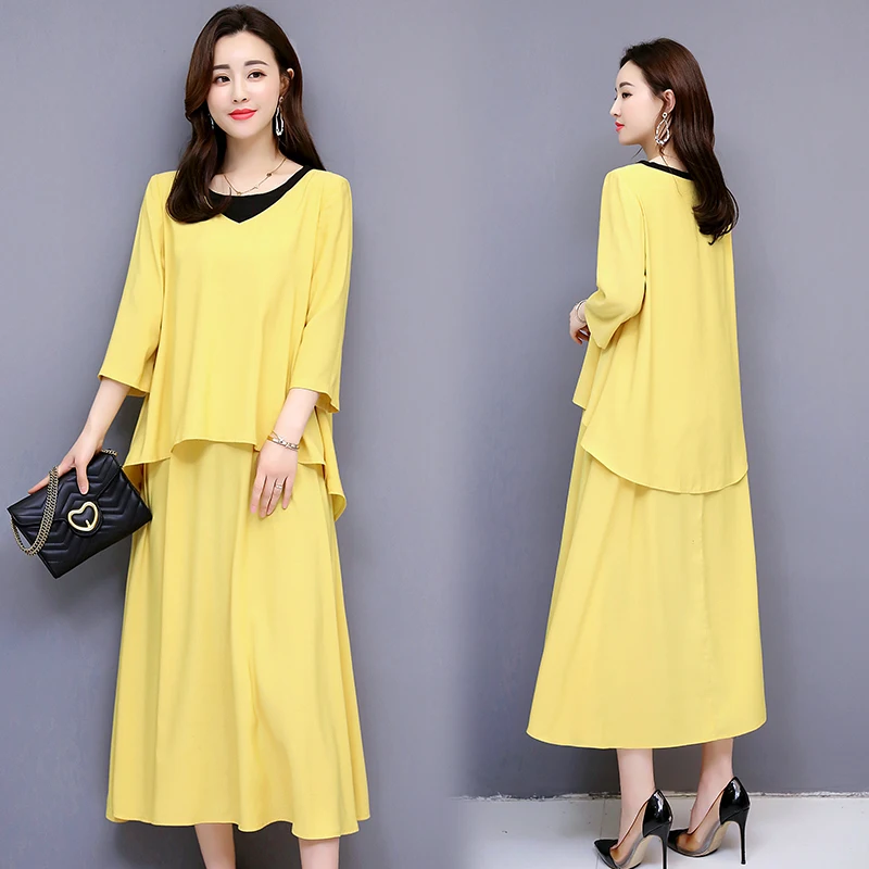 Весеннее и осеннее Повседневное платье желтое шелковое офисное плюс размер