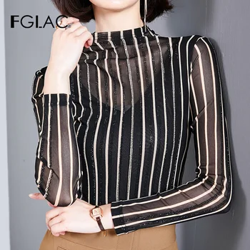 

women t-shirt New 2020 Spring long sleeve Striped Mesh tops Elegant Slim Diamonds plus size women shirt blusas