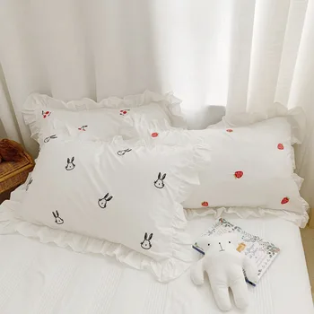 

Pillow case lotus leaf lace ins cotton embroidery pillow case cherry strawberry little rabbit embroidery lotus lace single perso