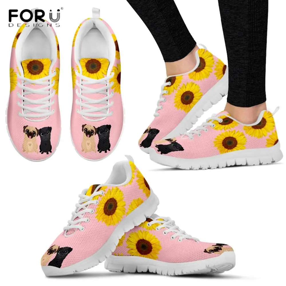 FORUDESIGNS кроссовки с милым рисунком мопса и желтого подсолнуха; женская дышащая обувь на плоской подошве; сезон весна-осень; женская обувь розового цвета