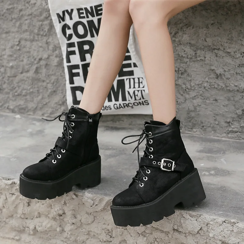 

Boots Flat Platform Booties Woman 2019 High Heels Shoes Lace Up Winter Footwear Boots-women Martins For Women Round Toe Clogs