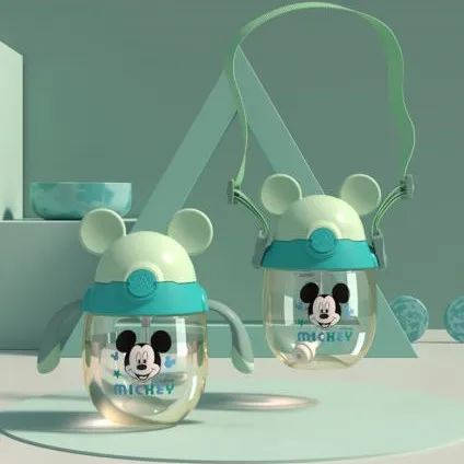 350 мл Дисней детские чашки для кормления детей чашки двойного назначения с ручкой на присоске для детского сада бутылочки с мягким ртом для младенцев - Цвет: green Mickey