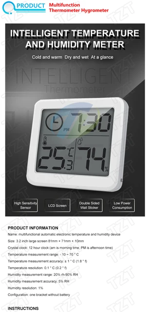 Digitales Thermometer Hygrometer Innen - Temperatur & Luftfeuchtigkeit Messgerät Mit Uhr Für Zuhause