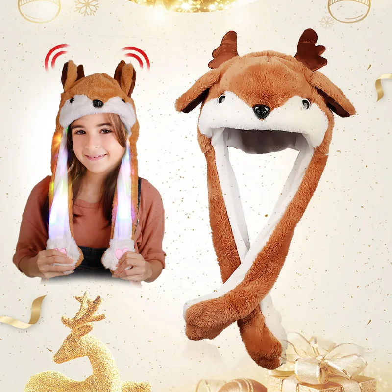 Рождественская шляпа оленя, шапка с подвижными ушами, светильник с музыкой, милая мультяшная игрушка, шапка Kawaii, смешная шапка, детская блестящая зимняя шапка
