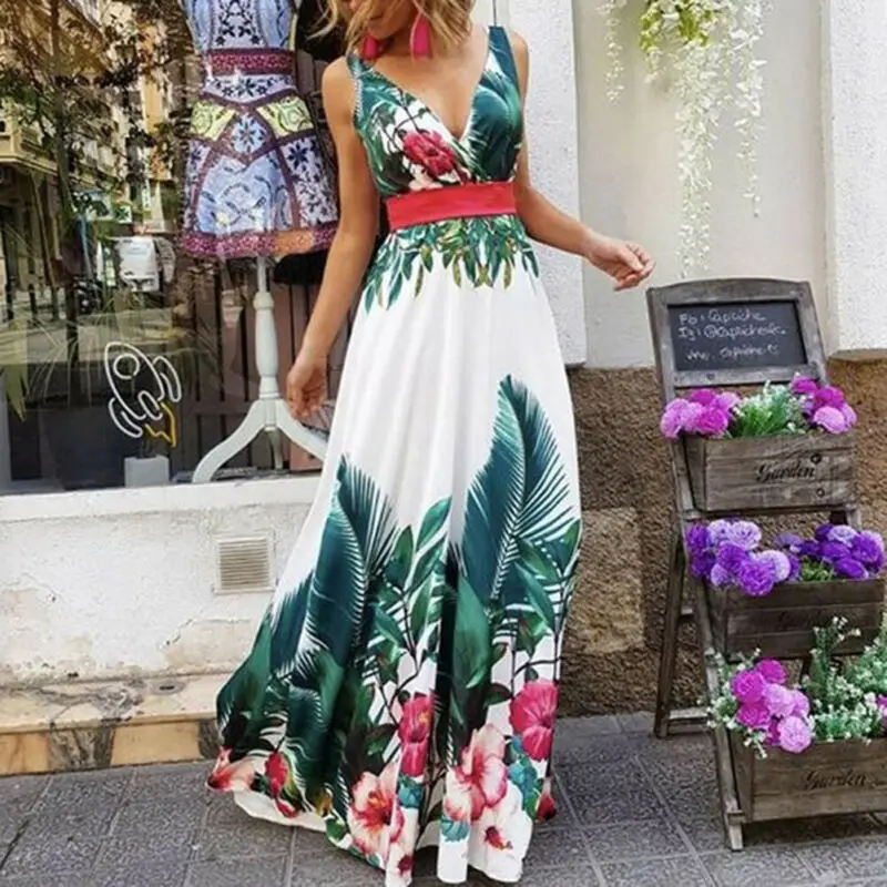 Women Floral Maxi Dress Sleeveless V Neck Prom Evening Party Summer Leaves Print Beach Casual Long Sundress | Женская одежда