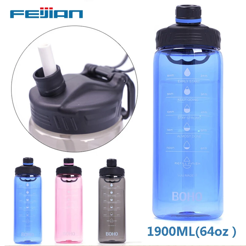 FEIJIAN Water Bottle Large Capcity 1.9L Drinkware With Straw Portable Leakproof Plastic Sports Fitness Outdoor Kettle BPA Free