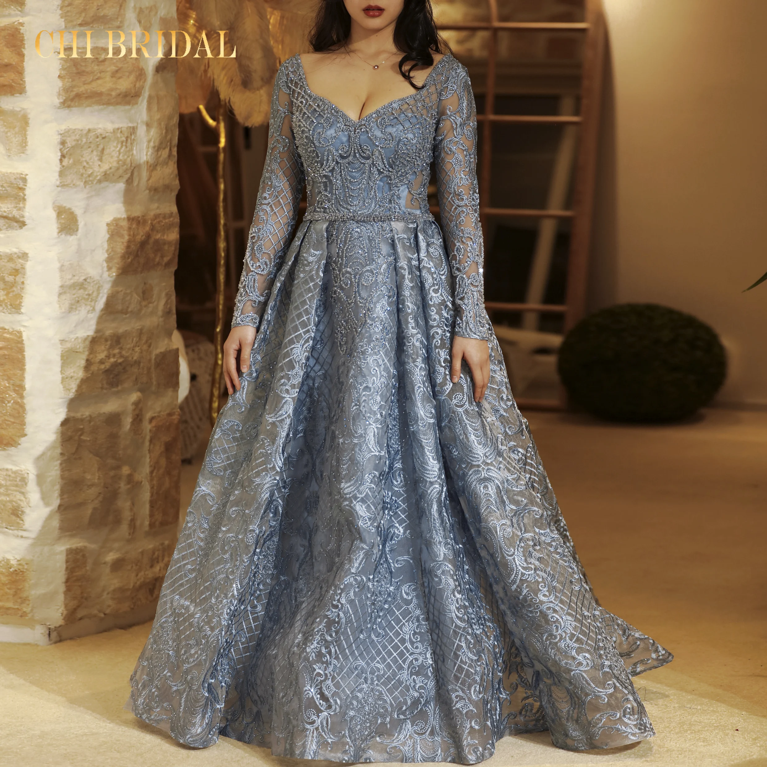 『Cheap!!!』- New Ladies Elegant And Elegant Evening Dress Long Sleeve
A-line Luxury V-Neck Crystal Handmade Lace Ball Formal Dress