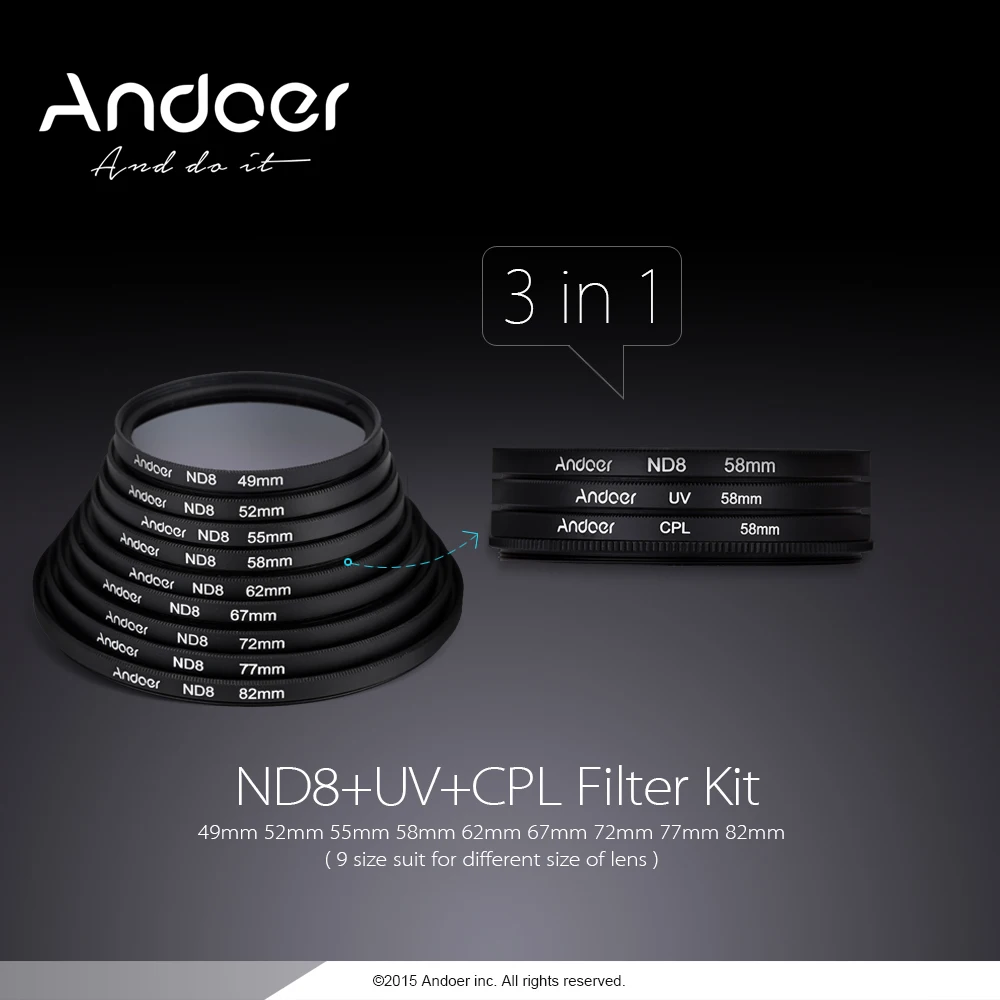 Andoer 52 мм UV+ CPL+ ND8 круговой фильтр комплект круговой поляризатор фильтр ND8 фильтр нейтральной плотности для Nikon Canon DSLR камеры