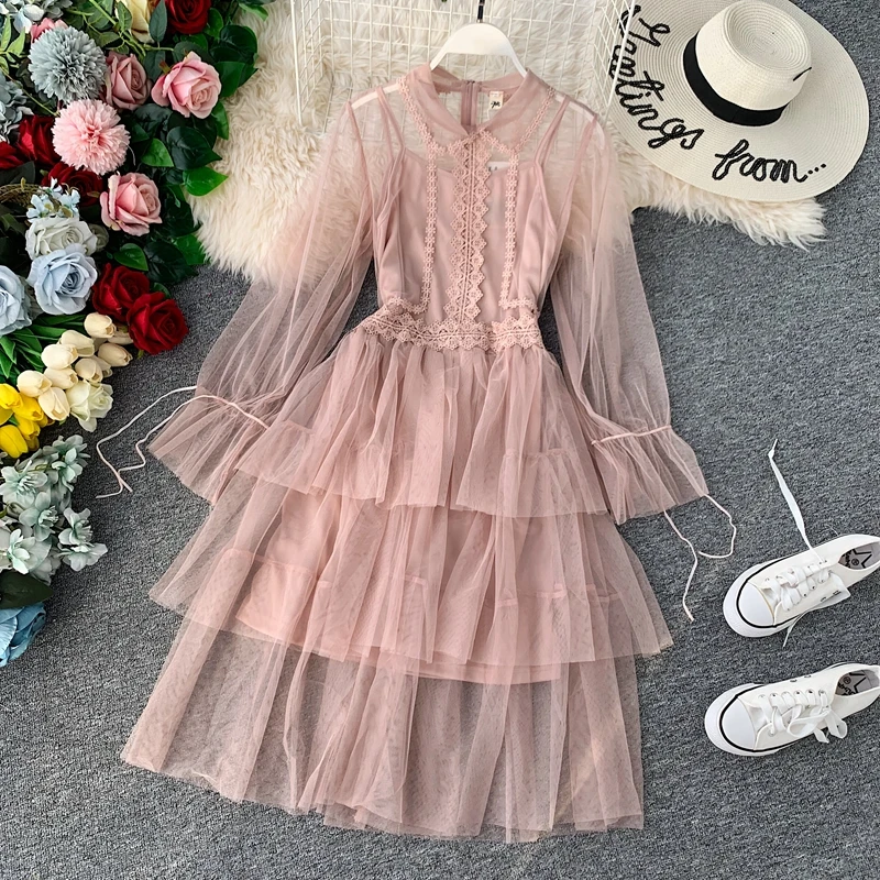 

Little fairy design dress long-sleeved ruffled cake mesh dress + bottoming dress two-piece