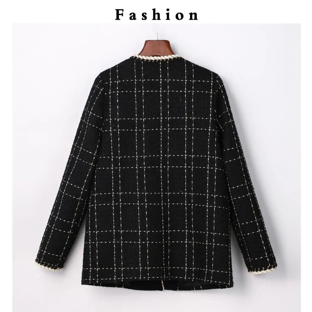 Loose Fit Black Plaid Split Joint Temperament Tweed Jacket V-collar Long Sleeve Women Coat Fashion Autumn Winter