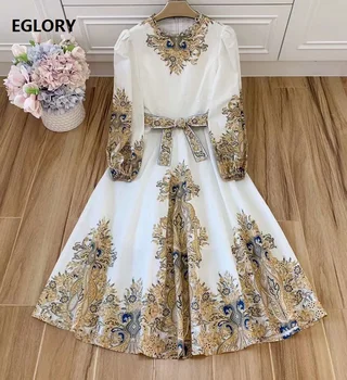 

100%Linen Dress 2020 Spring Women O-Neck Vintage National Style Print Long Sleeve Mid-Calf Length White Party Lux Ladies Dresses