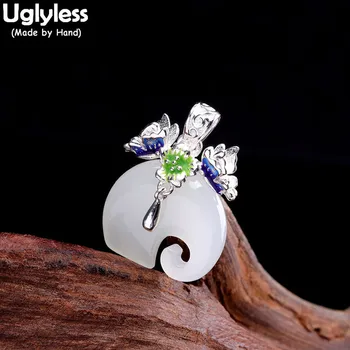 

Uglyless Enamel Ethnic Butterflies Elephant Pendants for Women Natural Jade Elephants Animal Necklaces NO Chains 925 Silver P942