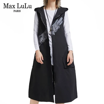 

Max LuLu 2019 Korean Fashion Ladies Black Hooded Streetwear Womens Printed Sleeveless Vest Casual Autumn Waistcoats Long Coat