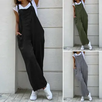 

Women Suspender Jumpsuits Rompers Overalls ZANZEA 2020 Vintage Ladies Cotton Wide Leg Pants Playsuits Long Pockets Combinaison