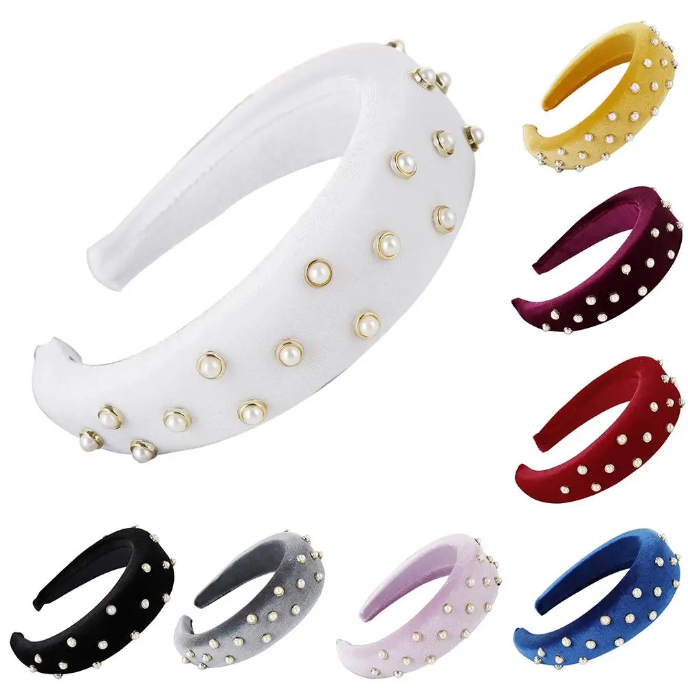 Модный обруч для волос с искусственным жемчугом и бусинами, широкий ободок, Одноцветный обруч для волос, повязка для волос, аксессуары для волос для женщин