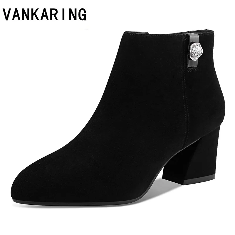 

vintage boots women buckle flock leather shoes women short boots high heels fashion pointed toe ankle all match breathable boots