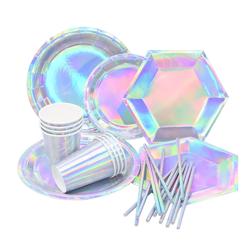 8pcs/lot Laser Party Disposable Tableware Paper Cup Straw Plates for New Year Christmas Halloween Table Decor Birthday Supplies