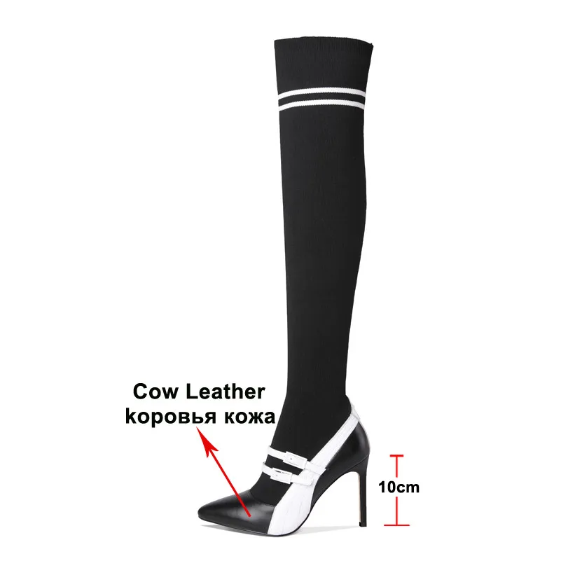 Meotina/зимние сапоги до бедра; женские ботфорты из натуральной кожи на тонком высоком каблуке; облегающая трикотажная обувь; Женская Осенняя обувь
