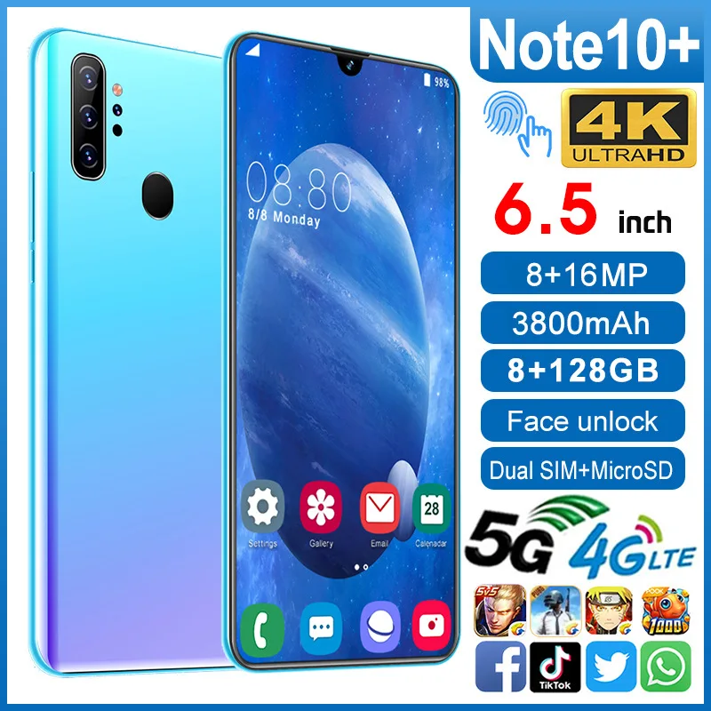 

note 10 plus Smartphones 6.5 inch 8core 64GB gobal version unlocked celulares quad core android mobile phones wifi Unlock cheap
