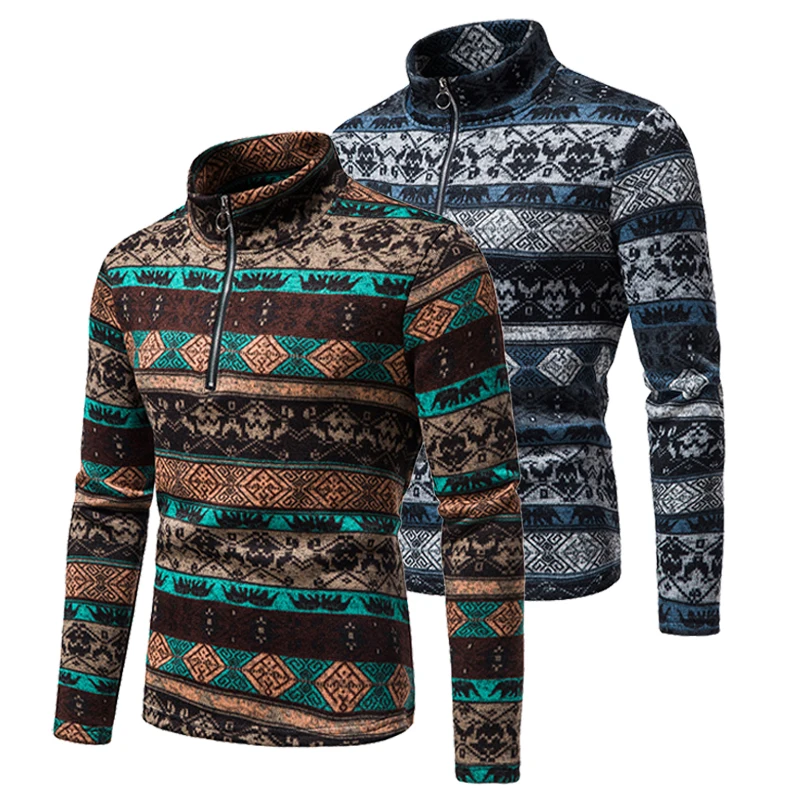 Bohemia Ethnic Style Men Vintage Knitted Sweater African Style Print Fashion Long Sleeve Pullover Male Retro Sweatercoat