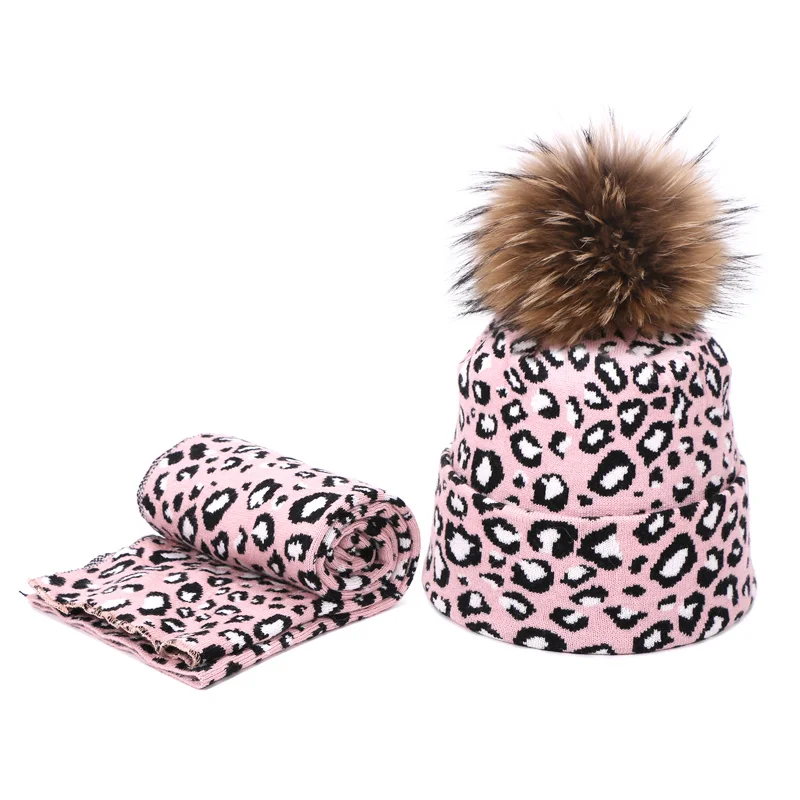 Leopard Printed Beanie Hats Scarf Set With Real Fox Pompon For Women Winter Warm Thick Knitted Caps Fashion Lady Beanies 2 Piece - Color: Z