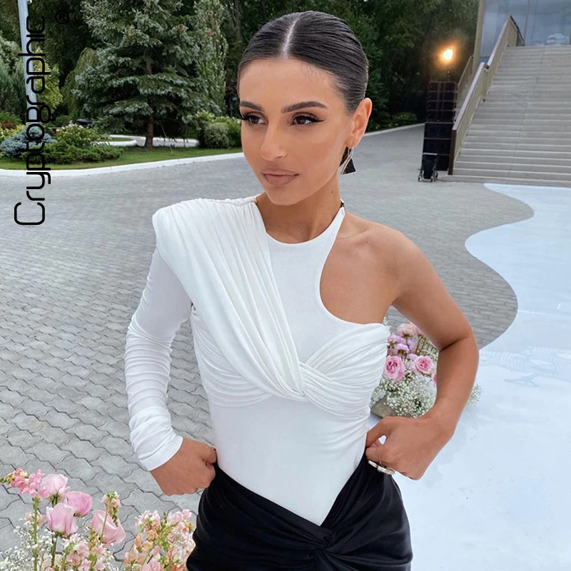 Cryptographic One Shoulder Sexy Backless Twist Bodysuits Women Long Sleeve Top Slim High Waist Bodysuit Club Party Streetwear
