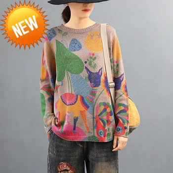 

Spring 2020 Korean Fashion Designer Ladies Loose Knitwears Womens Casual Printed Sweaters Vintage Pullovers Plus Size