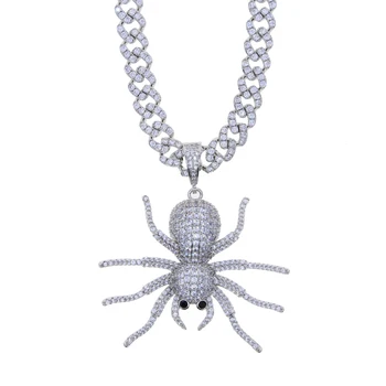 

New Iced Out CZ Spider Pendant Necklace Mens Women Silver Color With 9MM Cuba Chain Micro Paved Choker Hip Hop Bling Jewelry