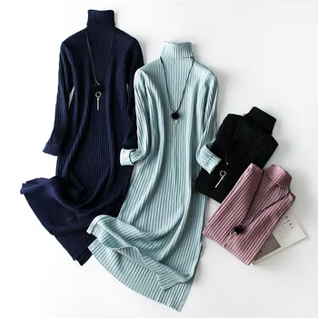 

2019 Winter Women Turtleneck Knitting Dress Split Knit Thick Sweater Dress Warm Knitting Dresses S-2XL