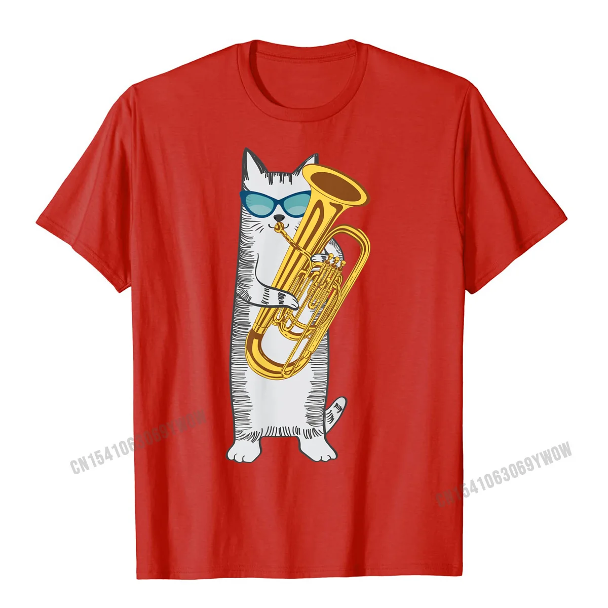Faddish Men's T-shirts Crew Neck Short Sleeve 100% Cotton Casual T Shirt Crazy T-Shirt Free Shipping Tuba Cat Wearing Retro Sunglasses For Low Brass Players T-Shirt__122 red