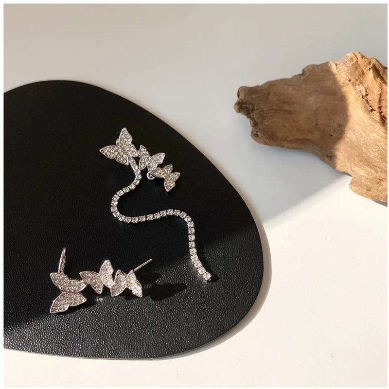 Korea Butterfly Wings Long Tassel Earrings For Women Jewelry Imitation Prevent allergy Crystal Asymmetric Statement Drop Earring