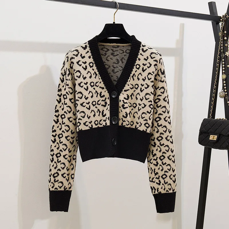 Apricot Coat Trytree, осенне-зимний комплект из двух предметов, повседневный однобортный Леопардовый топ с v-образным вырезом+ штаны, черный комплект молнии, комплект из 2 предметов - Цвет: Apricot Coat