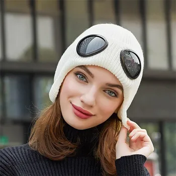 

New Ladies Autumn Winter Pilot Glasses Woolen Knit Hat Plus Thick Warm Female Outdoor Earmuffs Knitted Beanie Girls Winter Hats