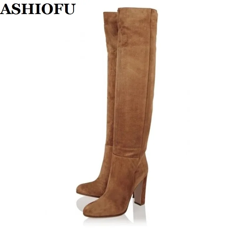 

ASHIOFU Handmade Women's Chunky Heels Boots Faux-suede Vintage Knee-high Boots Evening Club Winter Fashion Boots Shoes Two Color