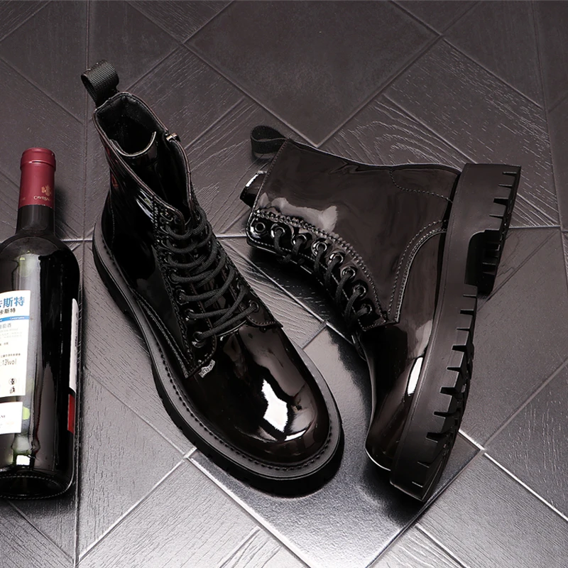 

mens luxury fashion party nightclub dress patent leather boots trend platform shoes youth cowboy boot handsome short botas male