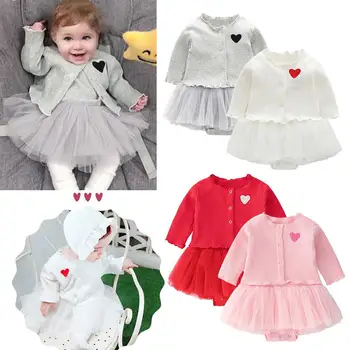 

2Pcs/Set Newborn Bady Girl Romper Sundress +Long Sleeve Coat Solid Color Cute Baby Clothing Baby Infant Girl Dress
