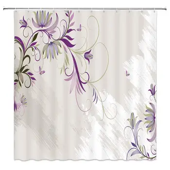 

Floral Shower Curtain Decor Curved Twig Leaf Lotus Flower Bud Butterfly Nature Spring Plant Hand Draw Graphic Violet Lilac Green