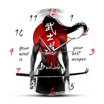 

Samurai with Katana Sword Japanese Calligraphy Bushido Wall Clock Martial Arts Man Cave Wall Clock Home Decor Japan Mens Gift