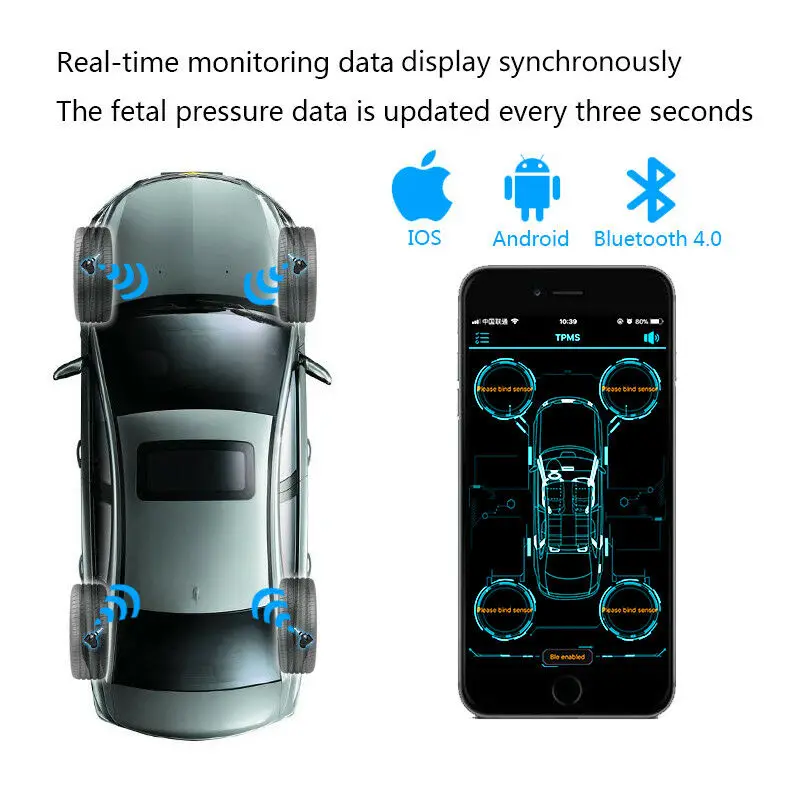 

GIORDON TPMS Bluetooth 4.0 universal external tyre pressure sensor support IOS Android phone,tire pressure sensor Easy Install