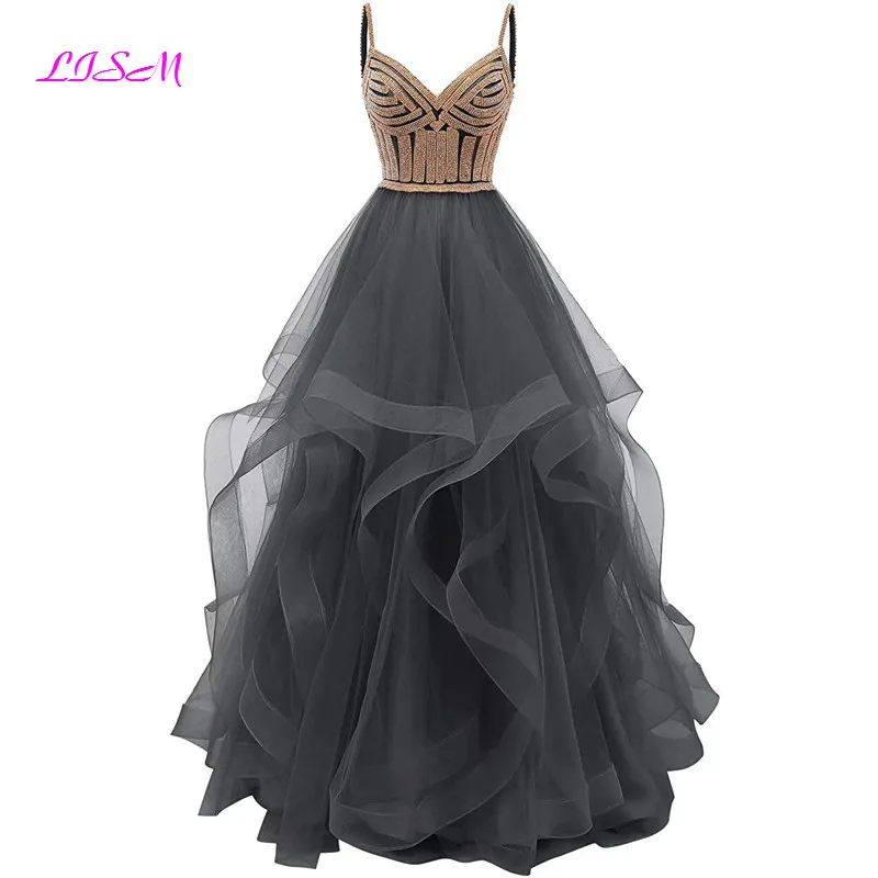 Tulle Crystal Beaded Long Prom Dresses Tiered Formal Evening Dress Spaghetti Straps Sweetheart Ball Gown Princess Party Gowns Prom Dresses