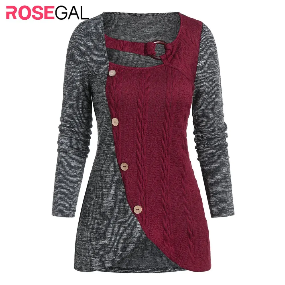 ROSEGAL Women Pullover Sweater Cable Knit Mock Button O-Ring Ribbed Contrast Scoop Neck Cut Out Asymmetric Long | Женская одежда