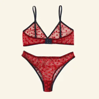 

Sexy Underwear Set Breathable Red Wire Free Bralette With Sexi Underpants Polka Dot Sheer Mesh Lingerie Set Comfortable Lingerie