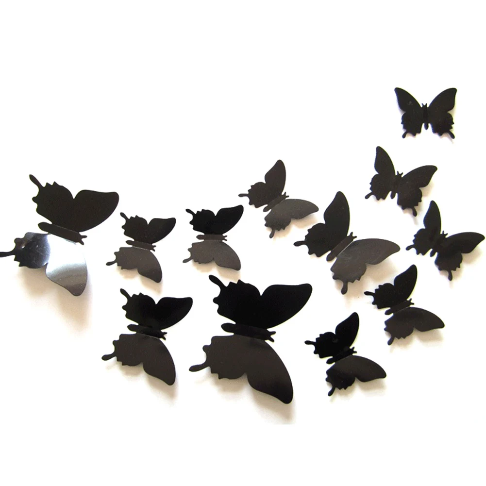Черный 12Pcs/set Multicolor 3D Decorative Butterfly Shape Wall Art Stickers PVC Butterflies Party Kids Bedroom Fridge Home Decoration - Цвет: Черный