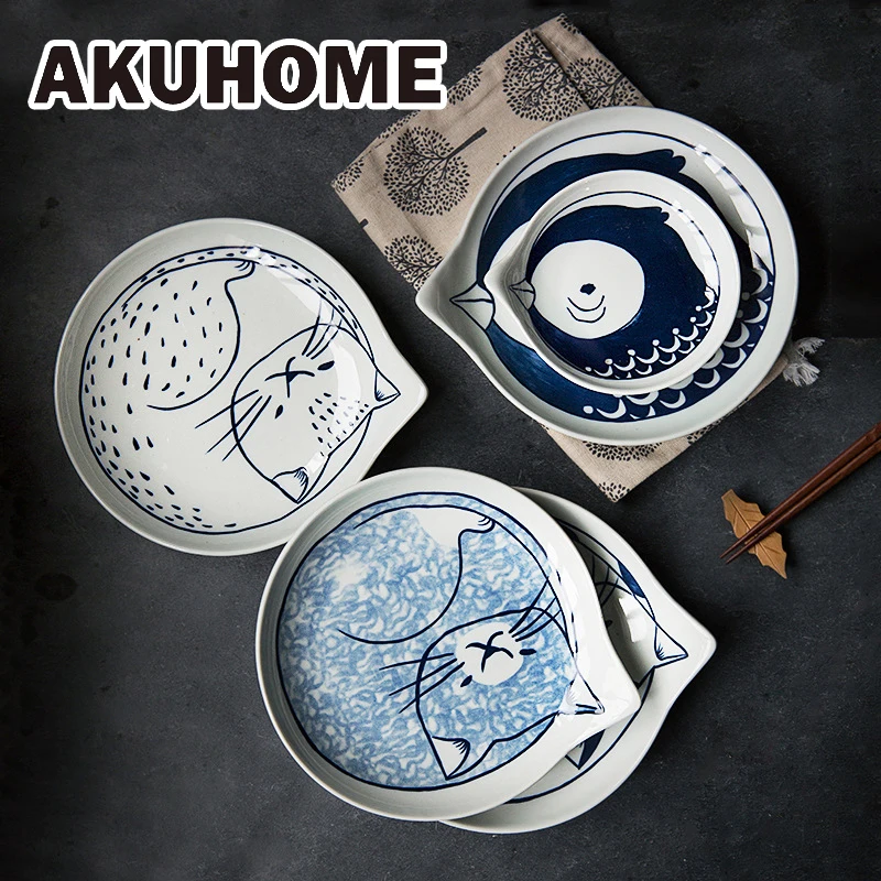 

Japanese Style Ceramic Teardrop Plates Dishes Sets Fruit Tableware Creative Design Cute Cartoon Lucky Cat Pattern