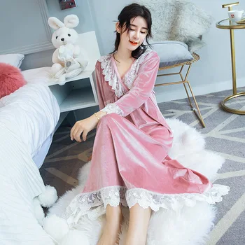 

Elegant Solid Pink Women Nightgown Winter Keep Warm Sleepwear Nightdress Exquisite V-neck Lace Nightwear Casual Soft Homewear
