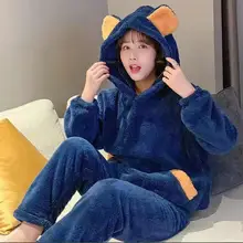 

Winter Pajama Sets Women Solid Flannel Soft Sweet Students Lovely Hooded Two-pieces Thicken Plush Cute Couple Sleepwear Fashion