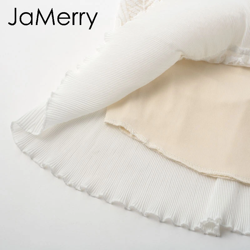 JaMerry, винтажное сексуальное Белое платье с высокой талией, элегантное кружевное платье с геометрическим рисунком, плиссированные рукава, осенние короткие платья для вечеринок