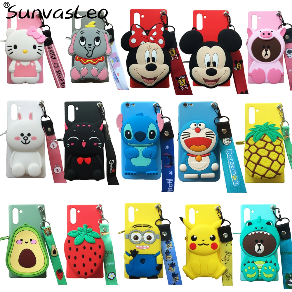 

For Samsung Galaxy Note 10 / Note 10+ Plus 3D Purse Cartoon Animal Soft Silicone Case Wallet Phone Cover Strape Chain Bag Cable